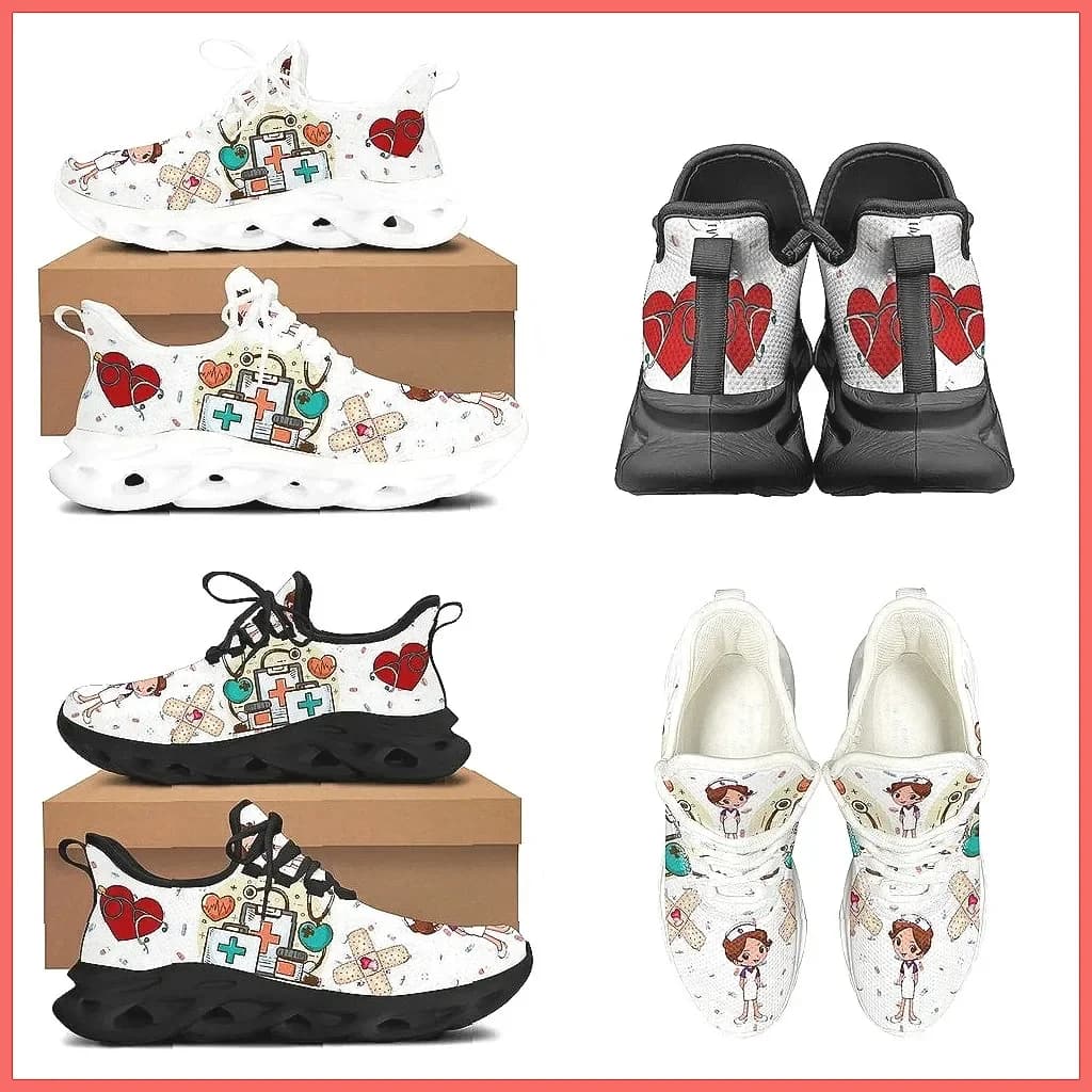 Sneakers da donna con stampa cartoni animati - Scarpe mediche bianche leggere con lacci (72 caratteri)