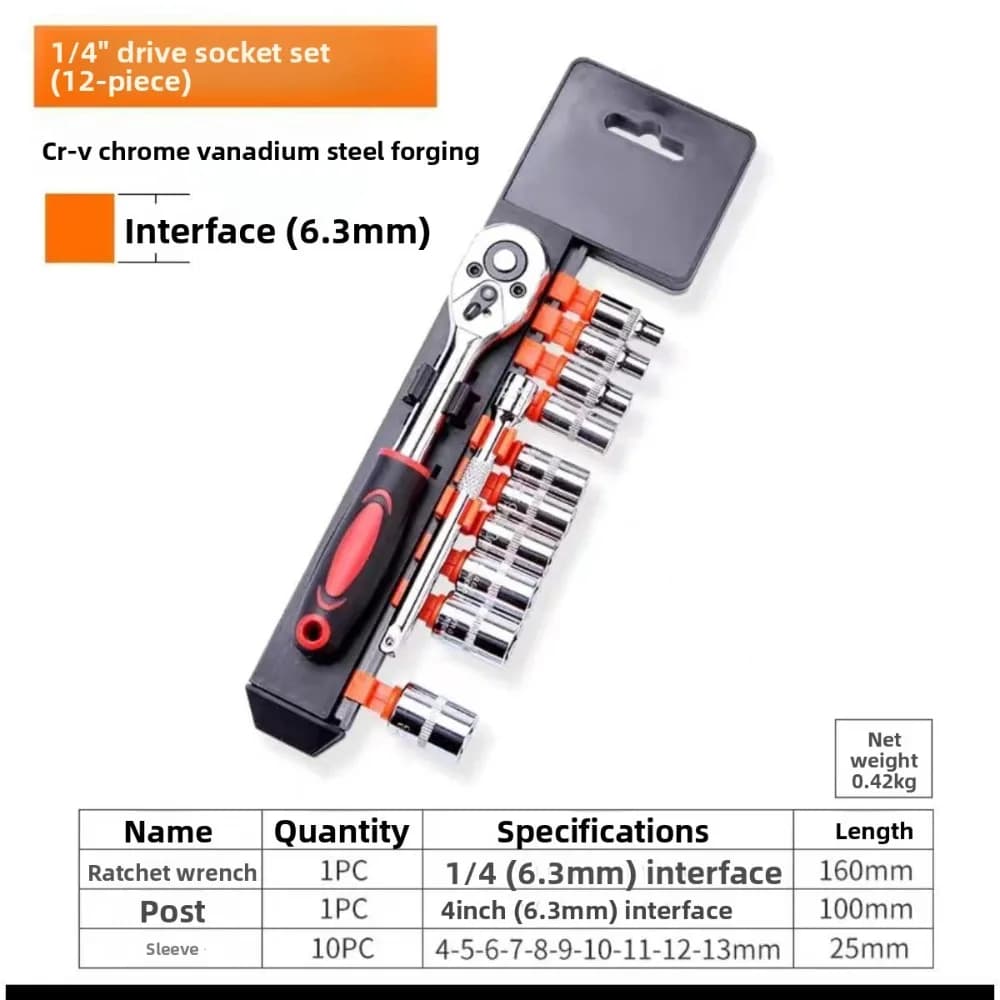 Set di 12 Chiavi a Bussola in Acciaio al Carbonio con Cricchetto per Manutenzione Auto, Moto e Bici - Kit Essenziale per Riparazioni Auto