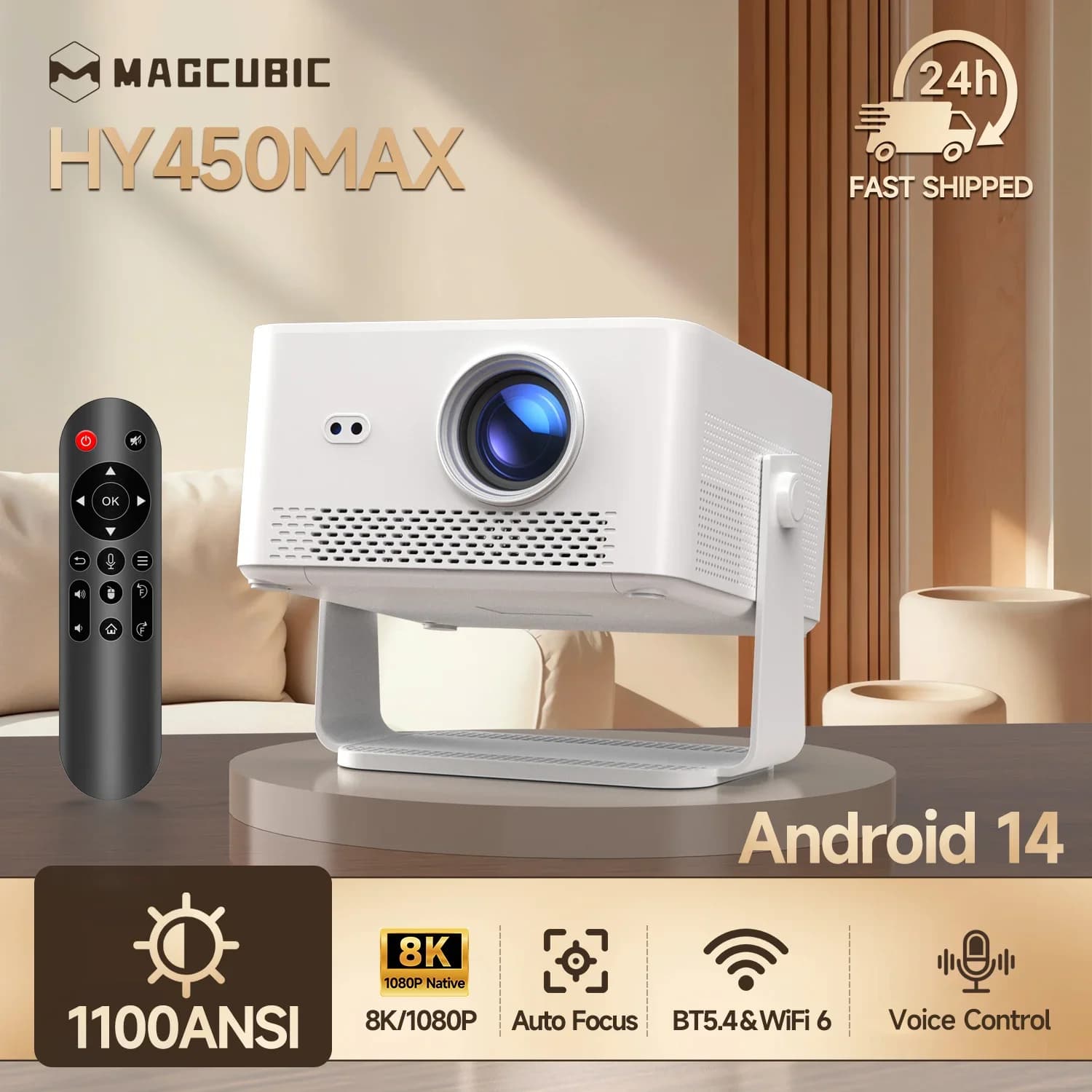 Magcubic HY450MAX 1100ANSI Proiettore Portatile per Esterni Android 14, 1080P con Autofocus, Supporto 8K, WIFI6, Mini Proiettore Beam
