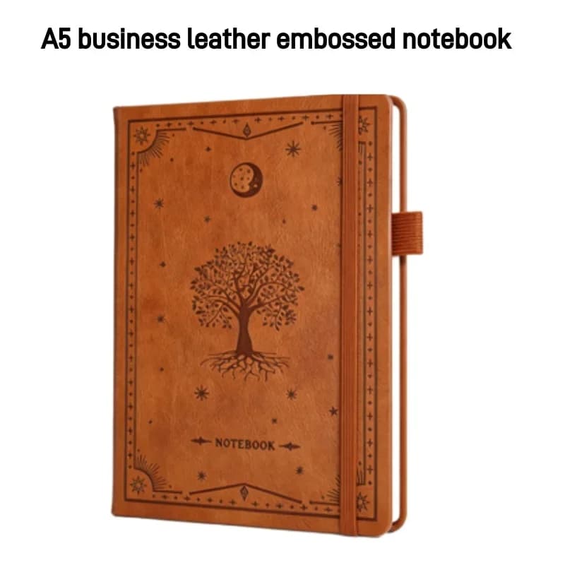 A5 Business Notebook PU Leather Embossed Cover with Elastic Strap Thick Paper Journal Portable Writing Pad for Office Work