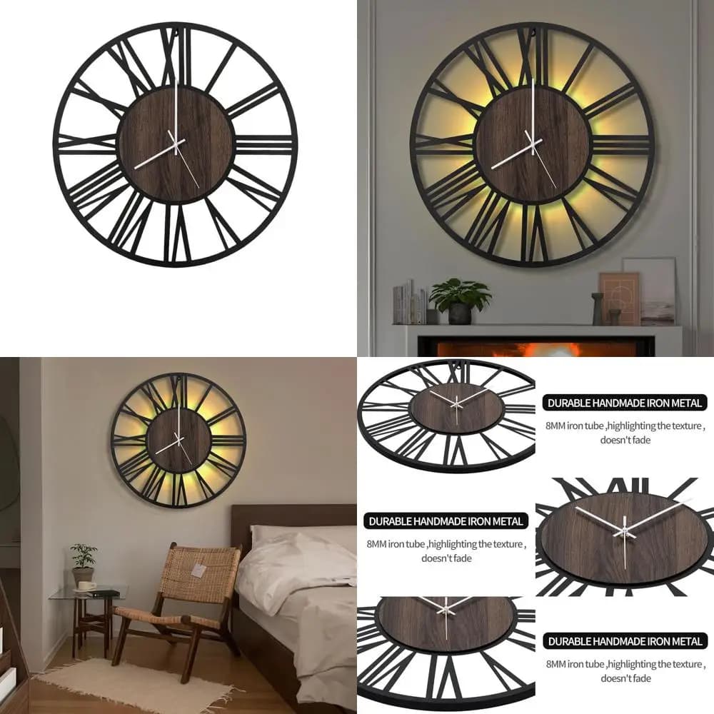 24 Inch Modern Rustic LED Wall Clock, Silent, Battery, with Roman Numerals for Home and Office Furniture