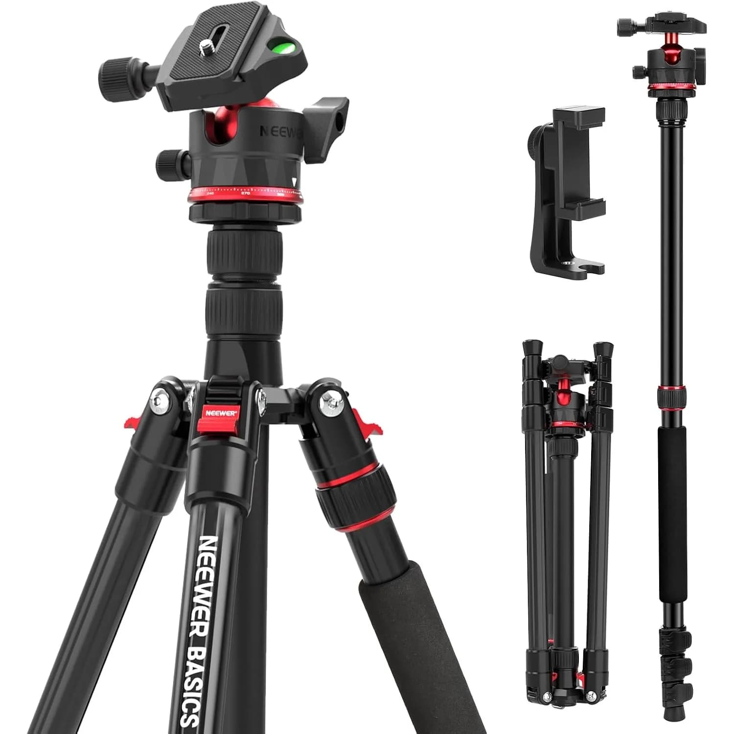 NEEWER Basics 72" Travel Tripod Monopod for Camera, Arca Ball Head Phone Holder, Compact Lightweight Video Stand 13.2lb