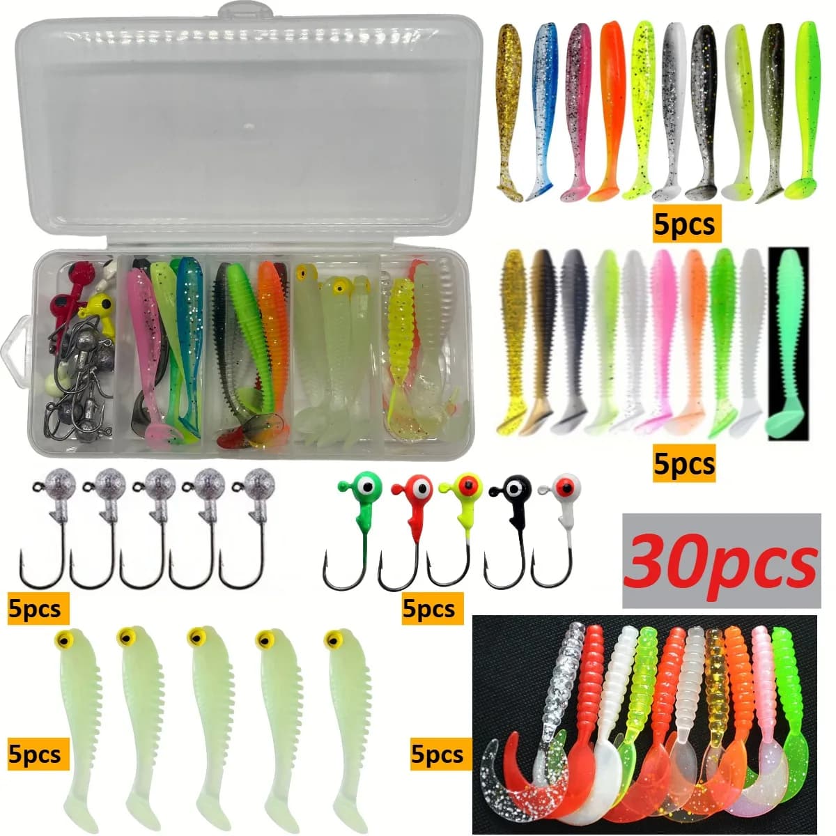 30 pz//scatola Richiamo Morbido Kit Richiamo Morbido di Pesca 5 cm 5.5 cm 3.5g Jig Testa Gancio con Attrezzatura Da Pesca Scatola Pesca Esche Finte ganci testa di piombo