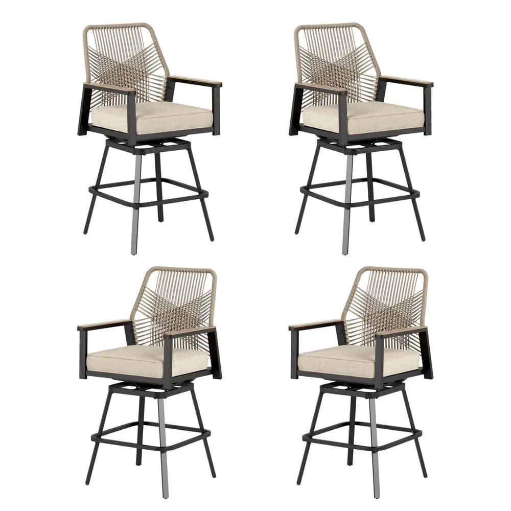 Outdoor Swivel Bar Stools Set of 4, Rattan High Top Patio Chairs with Waterproof Cushion and Armrest, AllWeather Bar Height Fur