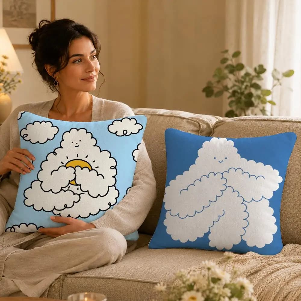 Scenery S-Smiling Clouds Cushion Cover Soft Plush Pillow Cover Washable Square Cushion Case for Sofa Bed Chair Home