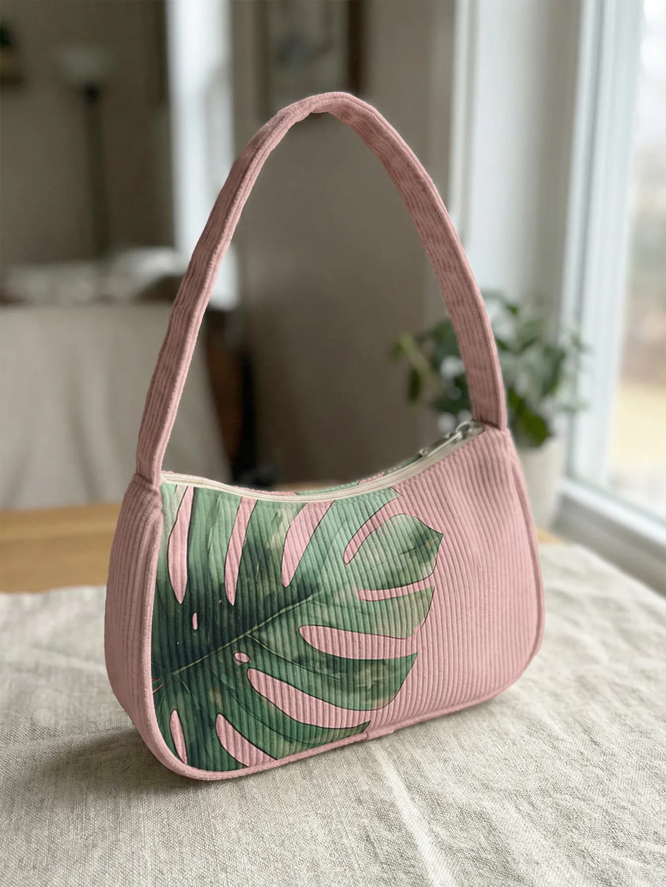 Borsa a Tracolla Trendy con Stampa Foglia di Monstera Tropicale, Borsa Sottospalla in Velluto a Coste Rosa Fresco