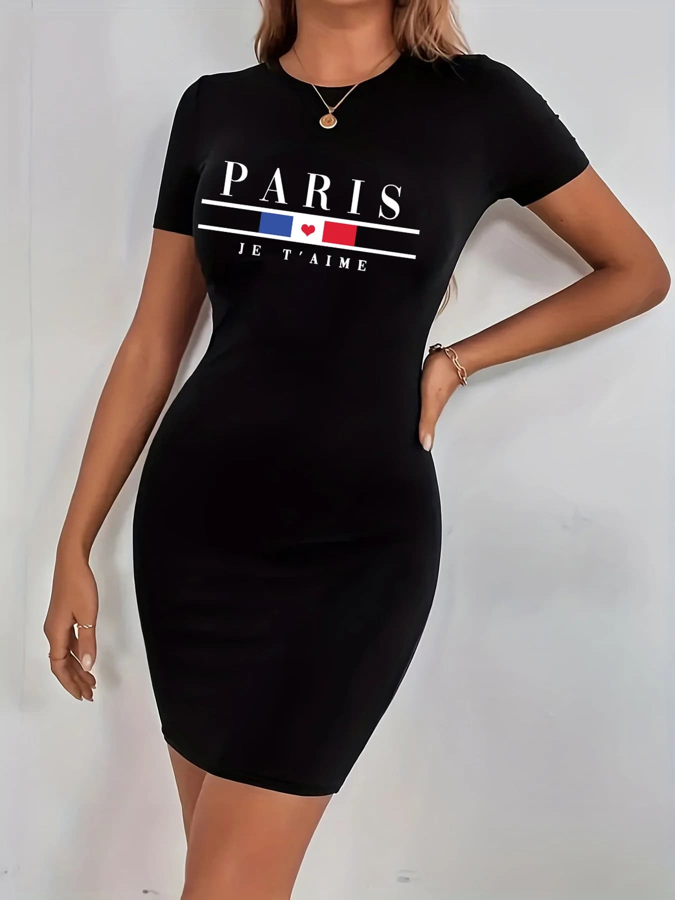 PARIS da donna estivo Stampa Casual Slim Fit Manica corta Girocollo T-shirt Mini abito Abiti midi Slash Neck Lace Up Tre