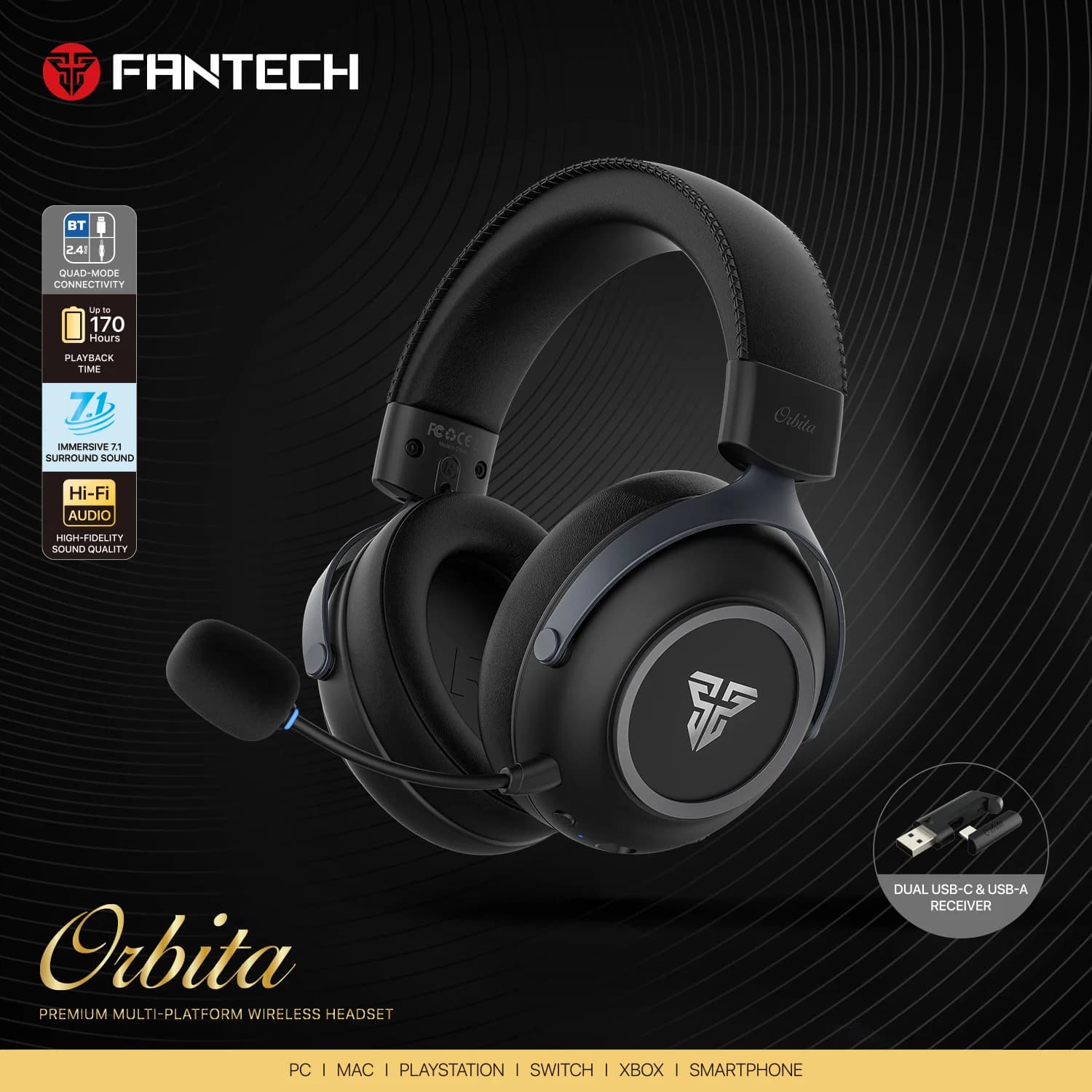 Cuffie da Gaming Wireless FANTECH ORBITA WHG07 con Audio Surround 7.1, Microfono ENC, Batteria 170H, Driver da 53mm per PC, PS5, NS