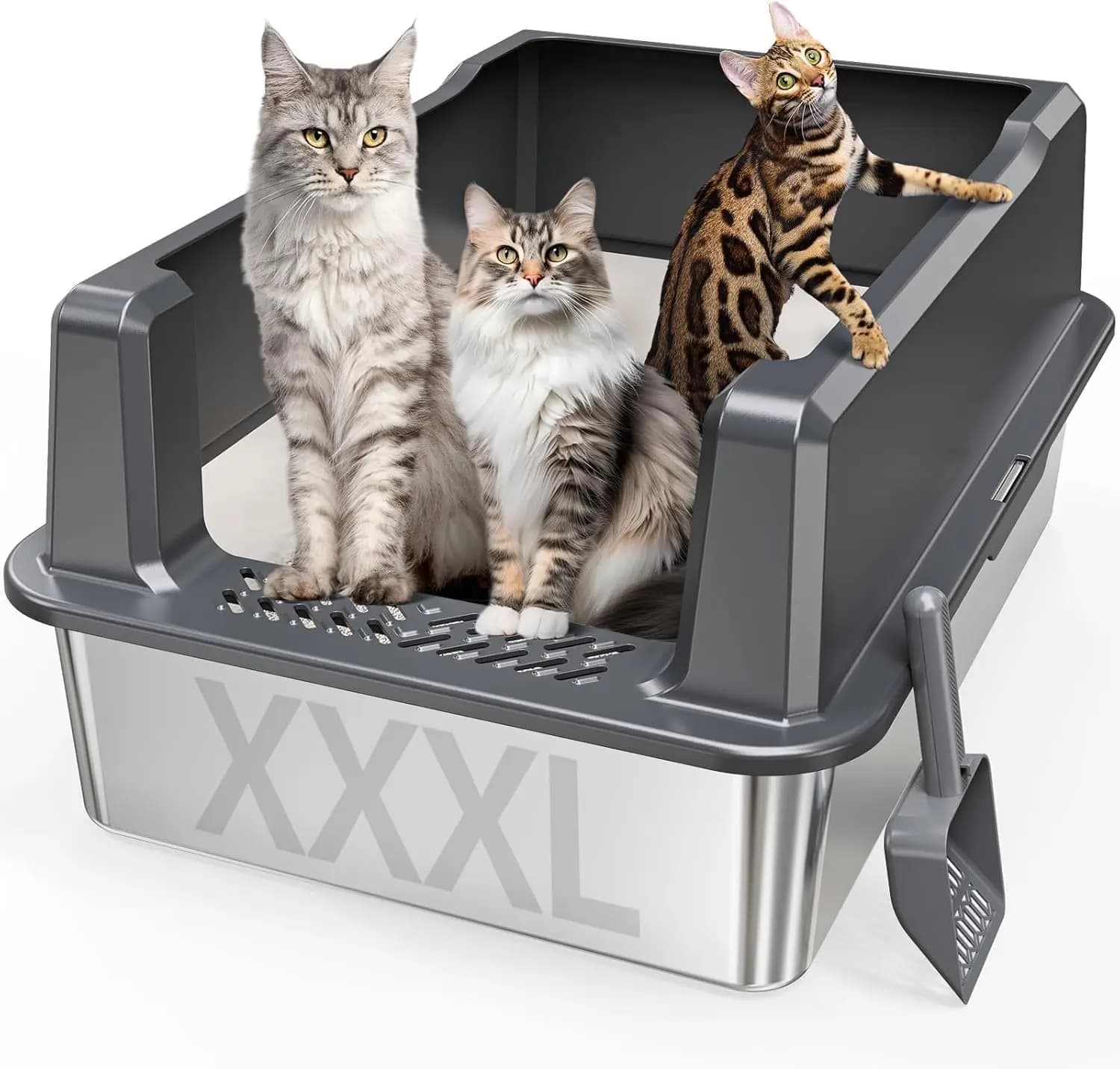 Lettiera per gatti extra large XXL in acciaio inossidabile con coperchio, 26''L x 18''L x 12''H, bordi alti, inodore, facile da pulire