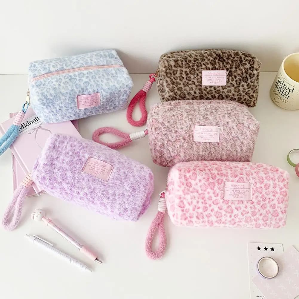 Plush Pink Color Leopard Print Schoolgirl Makeup Bag Large Cosmetic Tote Bag for Women Cute Portable Travel Hand Carry Organizer