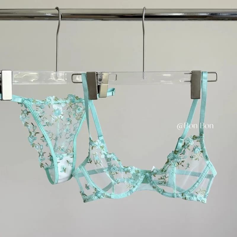Set di lingerie francese sexy con ricamo floreale, reggiseno a rete trasparente con ferretto morbido, supporto confortevole per reggiseni MOYISU CA S-XL a busto grande