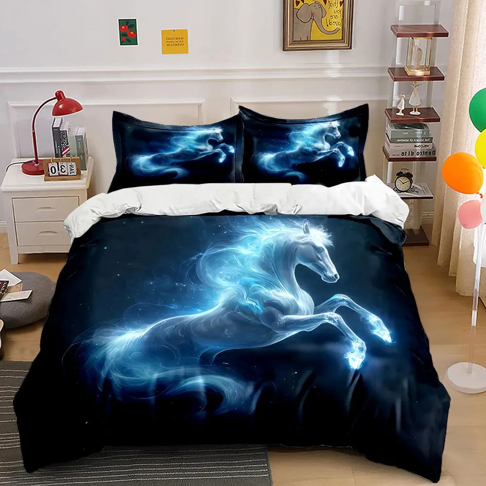 Set di biancheria da letto con decorazioni artistiche a tema Cavallo Luminoso, con 1 copripiumino e 2 federe, disponibile nelle misure Singolo, Matrimoniale, King, Queen, Idea regalo