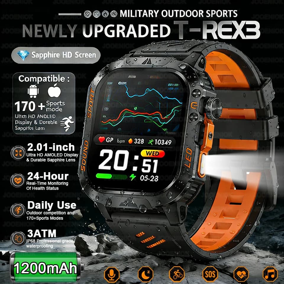 Nuovo Smartwatch Militare da Esterno 2026 con Batteria da 1200mAh, GPS, Chiamate HD, Monitoraggio della Salute, Schermo da 2,01 Pollici, Impermeabile, per Uomo