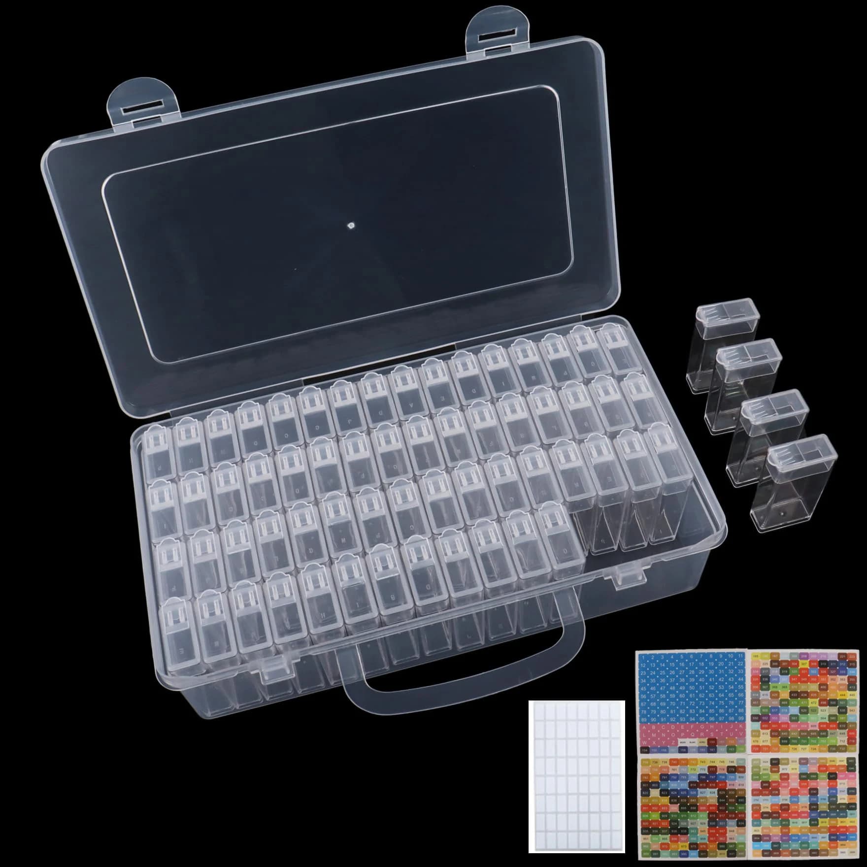 Set di 2 Contenitori per Diamond Painting con 64 Scomparti, Scatola Portatile in Plastica per Conservazione Perline con Etichette DMC