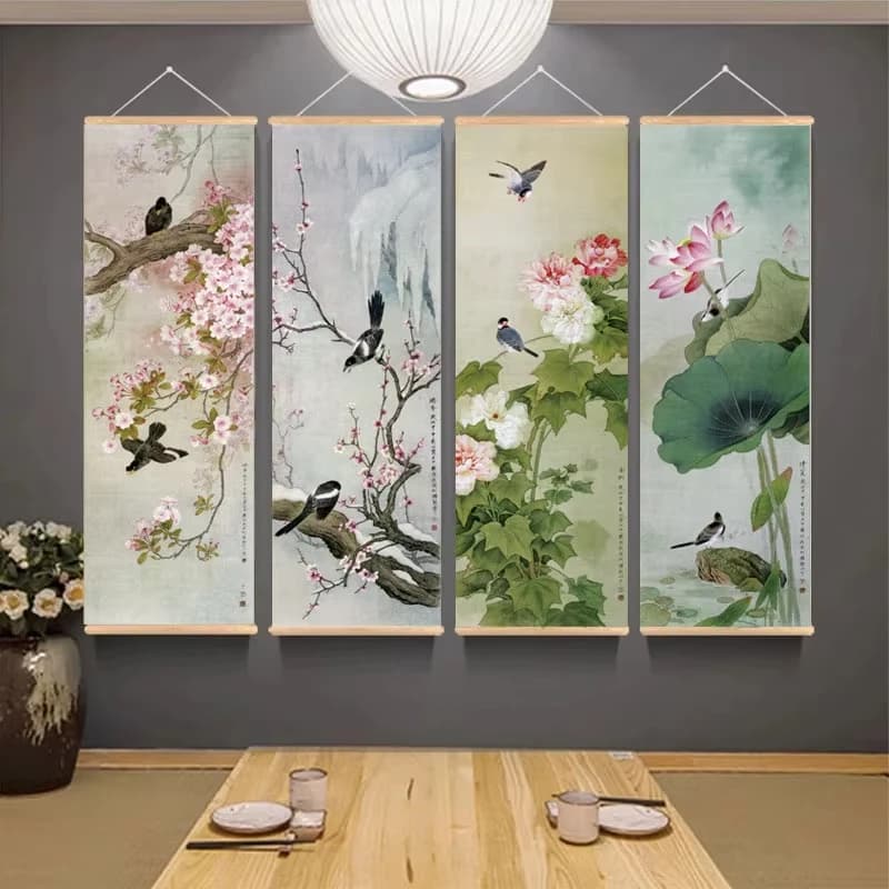 Chinese Style Ink Art Landscape Poster with Hanging Frame Bird Flowers Wall Art Canvas Painting Home Decor Pictures Living Room