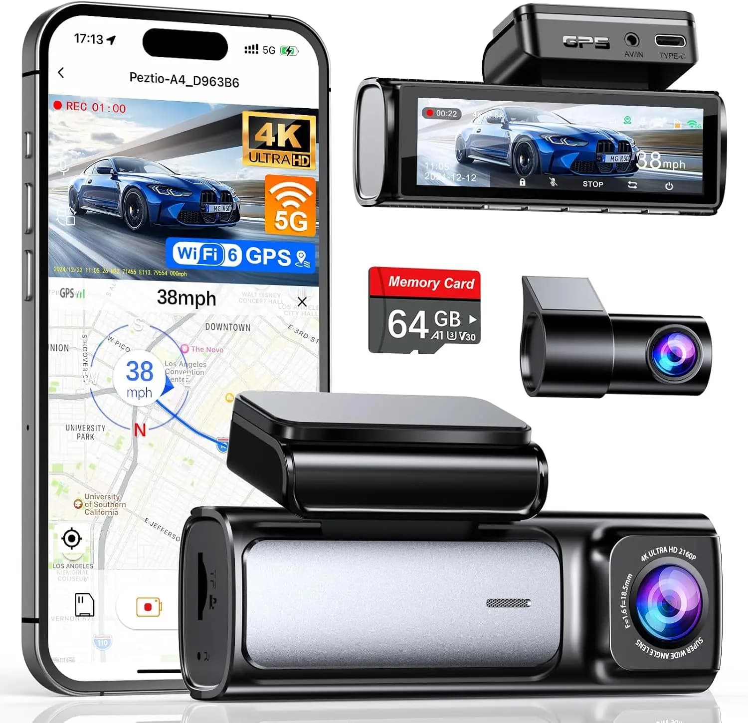 Front Rear Dashcam 4K 25K Built 5G WiFi 6 GPS 64GB Card 359 IPS Screen APP Control G Sensor Loop Recording 24H Parking Mode Nigh