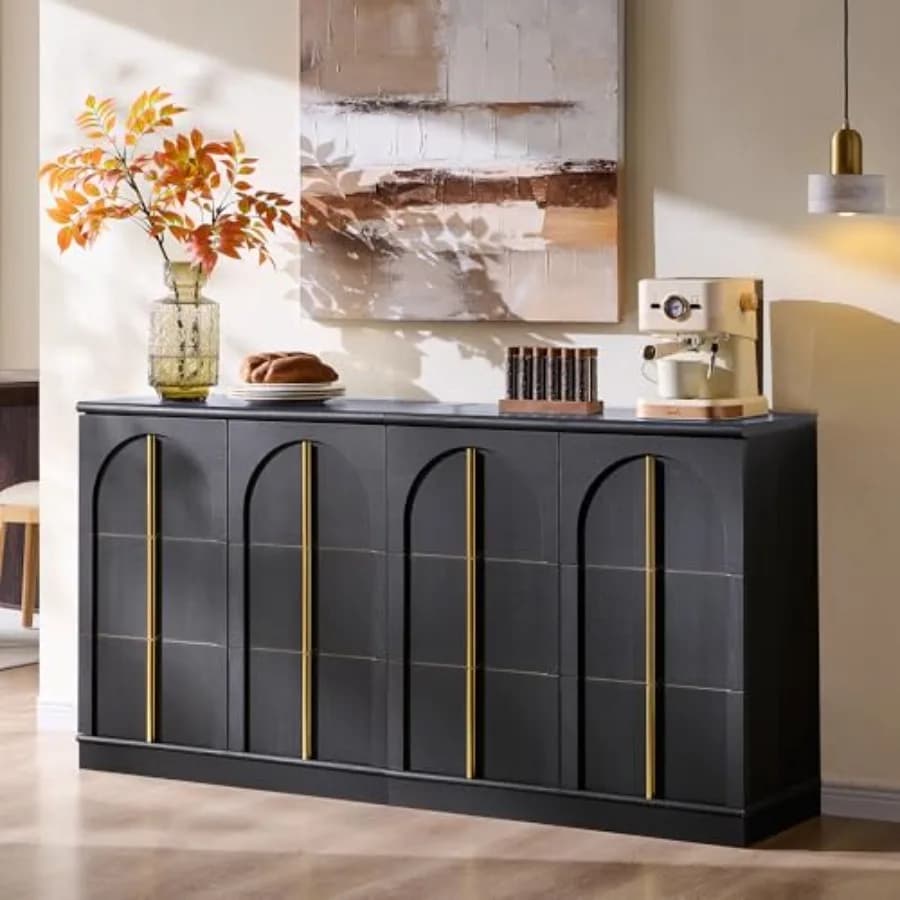 Arched Doors Sideboard Buffet Cabinet with Storage for Dining Room, Solid Wood, Natural Oak Finish, Ample Concealed Storage Spa