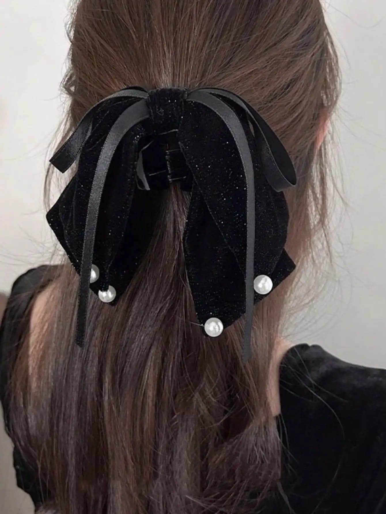 1 fermaglio per capelli con fiocco in velluto nero e perle finte, fermaglio elegante adatto per occasioni casual, all'aperto, feste, accessorio per capelli versatile