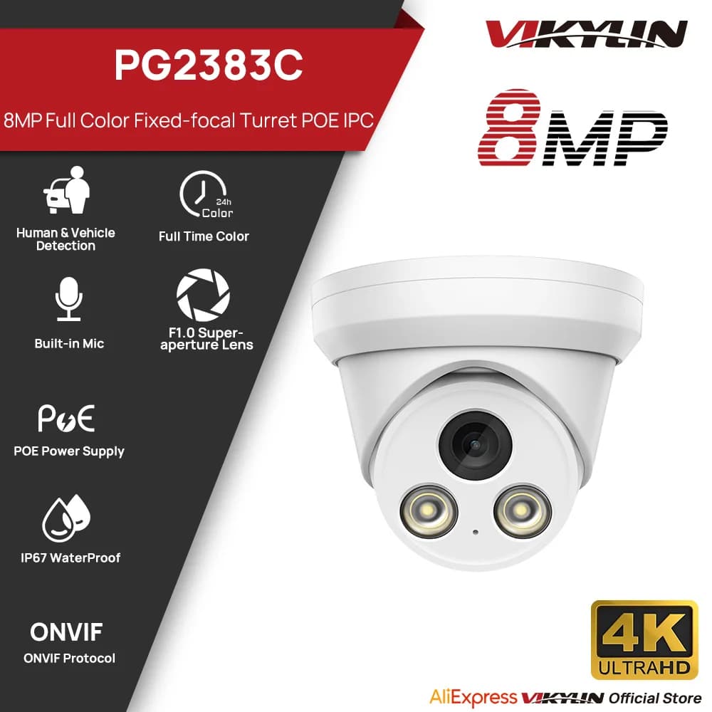 VIKYLIN 8MP4K IP Security Camera Full Color Night Vision Outdoor Audio POE H.265+ Onvif IP67 Human Vehicle Detection CCTV Camera
