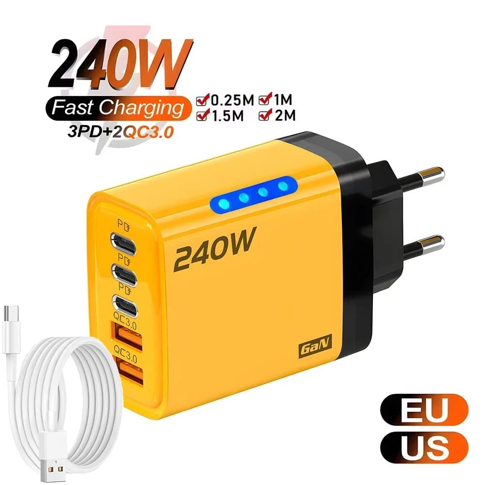 Caricatore GaN USB C 5 in 1 Adattatore per caricabatterie da muro a ricarica rapida da 240 W Cavo USB tipo C 10A 3PD 2USB QC3.0 Ricarica rapida Spina UE/USA/Regno Unito