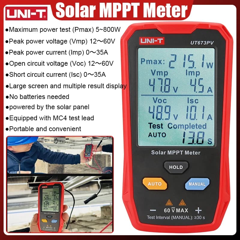 UNI-T UT673PV Test del pannello solare Tester MPPT 5 ~ 800W Modulo fotovoltaico Misuratore di potenza massima Tensione del circuito aperto Test di corrente da cortocircuito