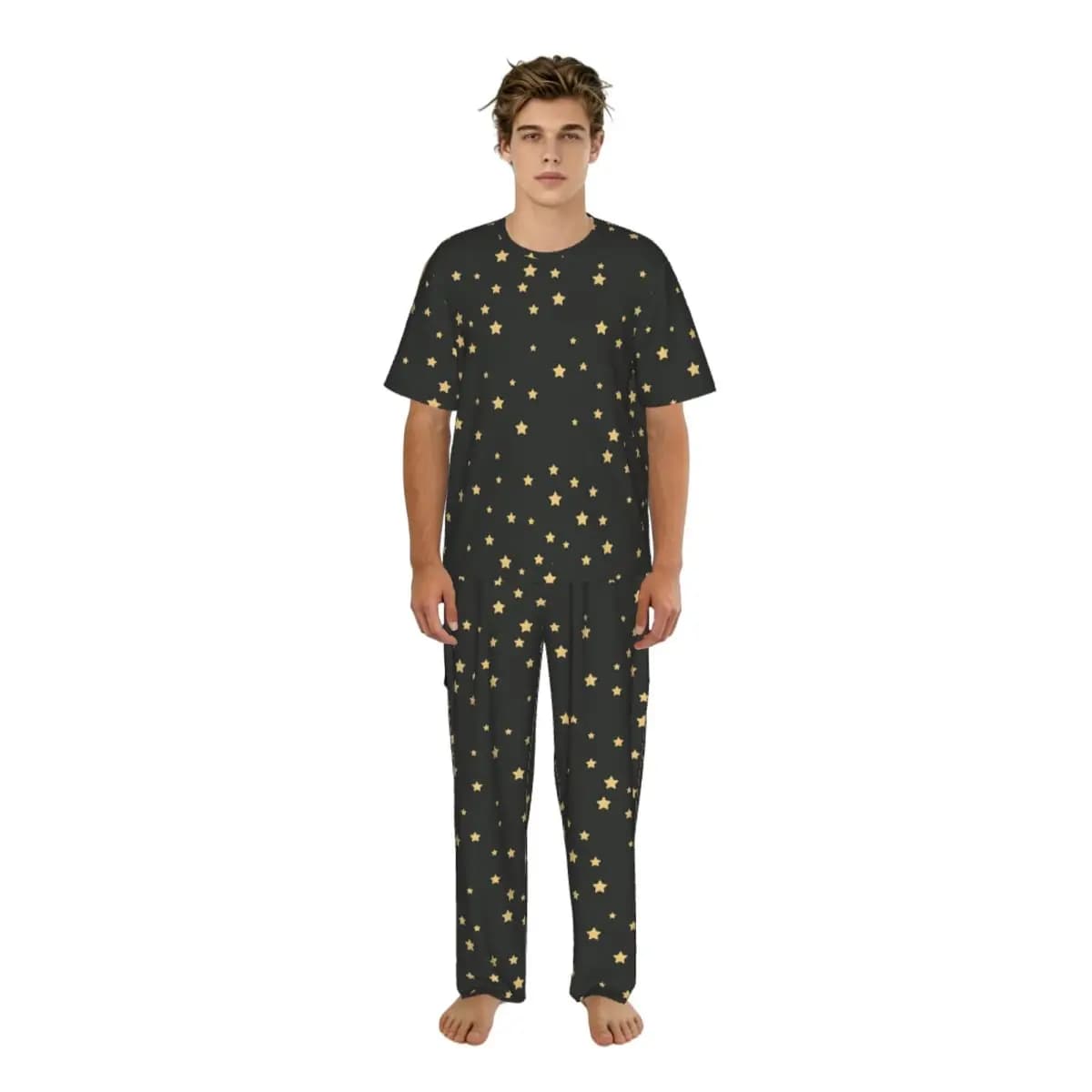 Pigiama da uomo a maniche corte, due pezzi, pantaloni con motivo a stelle, completo da casa, abbigliamento da notte