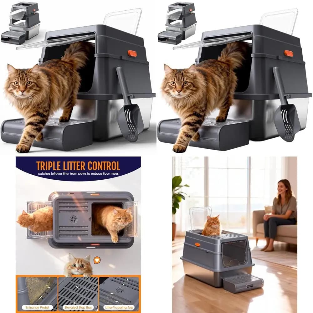 Lettiera per gatti chiusa in acciaio inossidabile con coperchio e paletta, 17,1 x 13,2 x 15, grigia