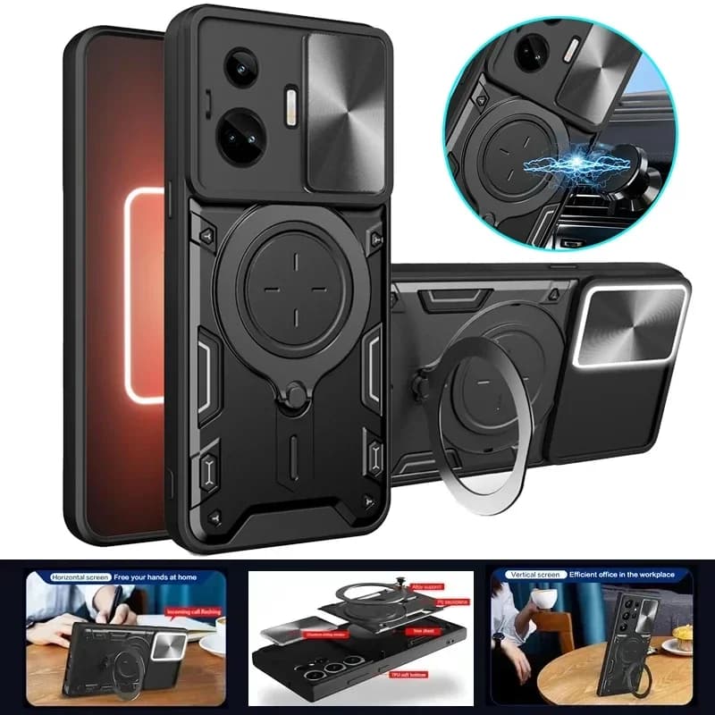 For Realme GT 3 6T 7 Pro P3 Ultra 5G Silicone Case Slide Camera Shockproof Armor Phone Cases Magnetic Holder Back Cover