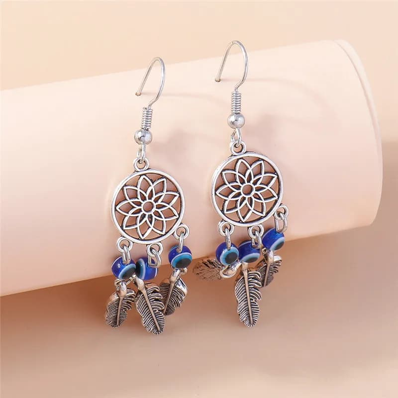 Gothic Hollow Dream Catcher Earrings Simple Retro Turkish Lucky Blue Eye Feather Leaf Witch Pagan Earrings for Women Jewelry