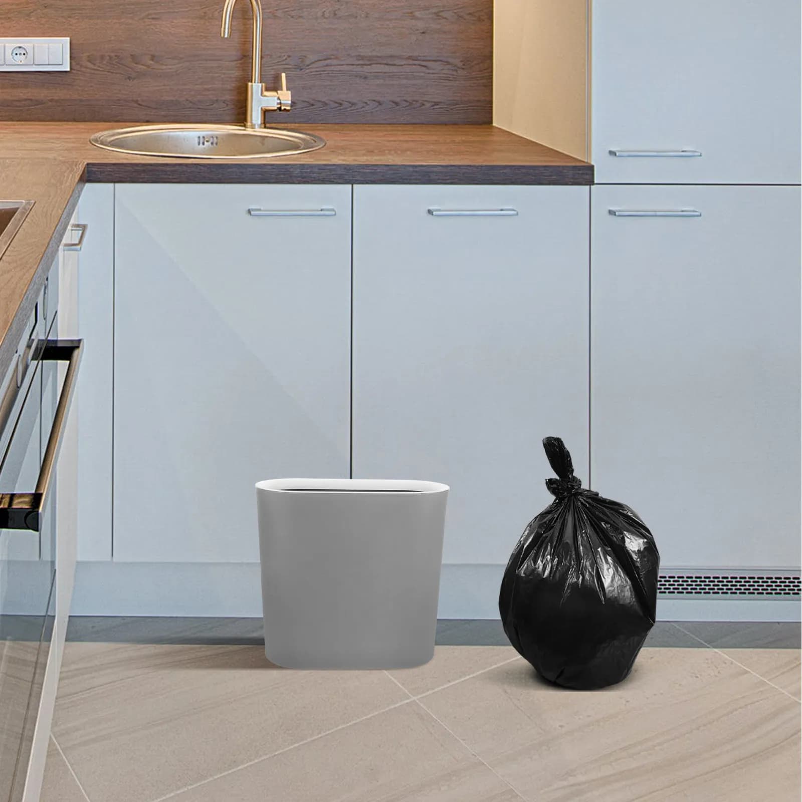 Cestino per Rifiuti Sottile Grigio per Spazi Ristretti, Innovativo Contenitore Senza Coperchio con Anello di Pressione Ovale per Bagno e Cucina