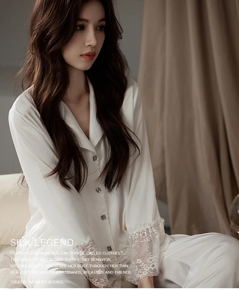 Women's Pajamas Set White Ice Silk Trouser Suits Home Clothes Elegant Patchwork Lace Pijamas Suit Loose Casual Satin Loungewear