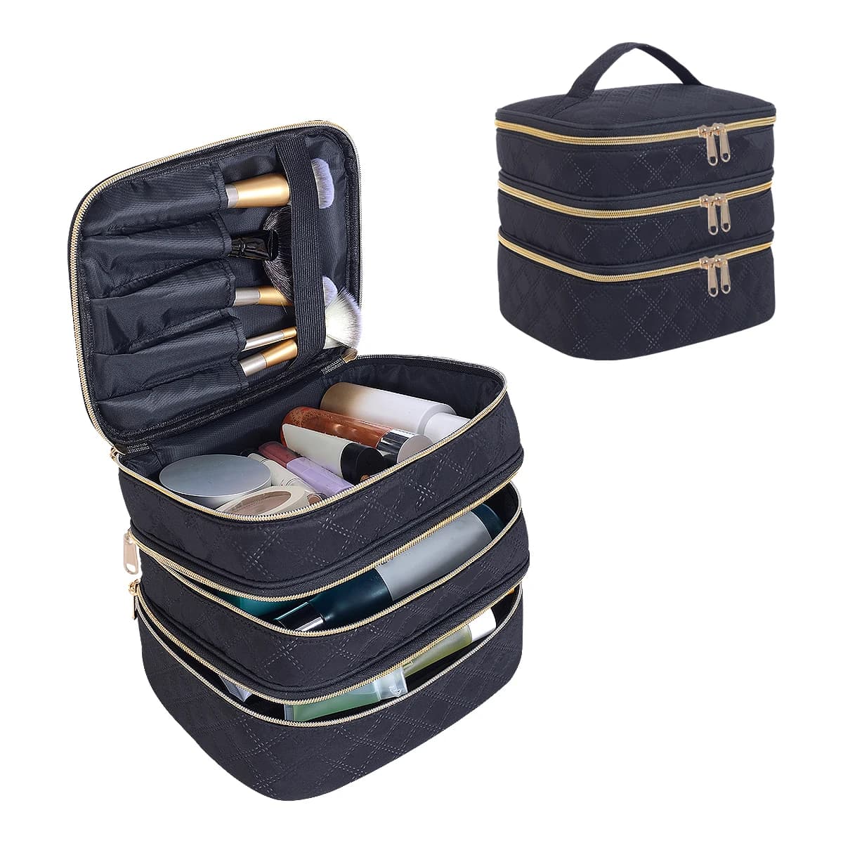3 Layers Large Capacity Quilted Makeup Bag Organizer - Suitable for Travel Organizer and Home