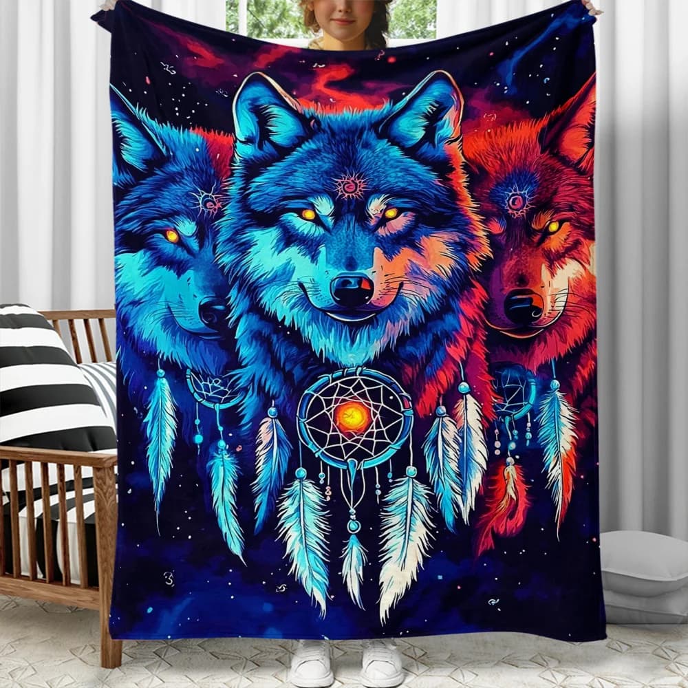 Tri Wolf Dreamcatcher Psychedelic Fleece Blanket Native American Spirit Animal Design Soft Flannel Throw
