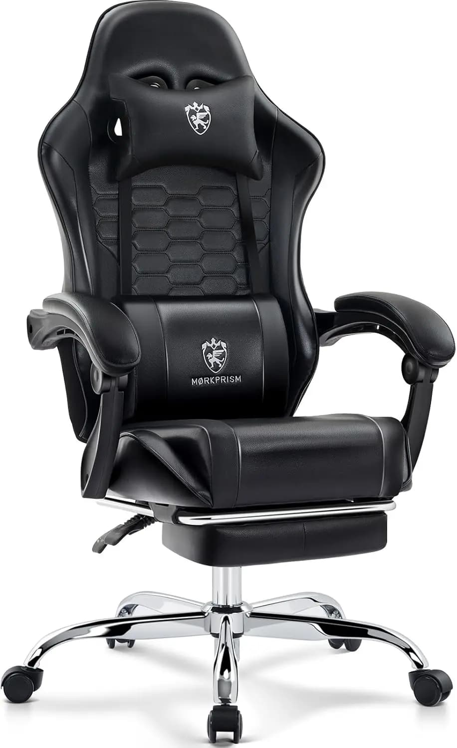 Sedia da gaming con poggiapiedi, supporto lombare per massaggio, cuscino in gel, pelle reclinabile ergonomica, poggiatesta, cuscino a molle, nero
