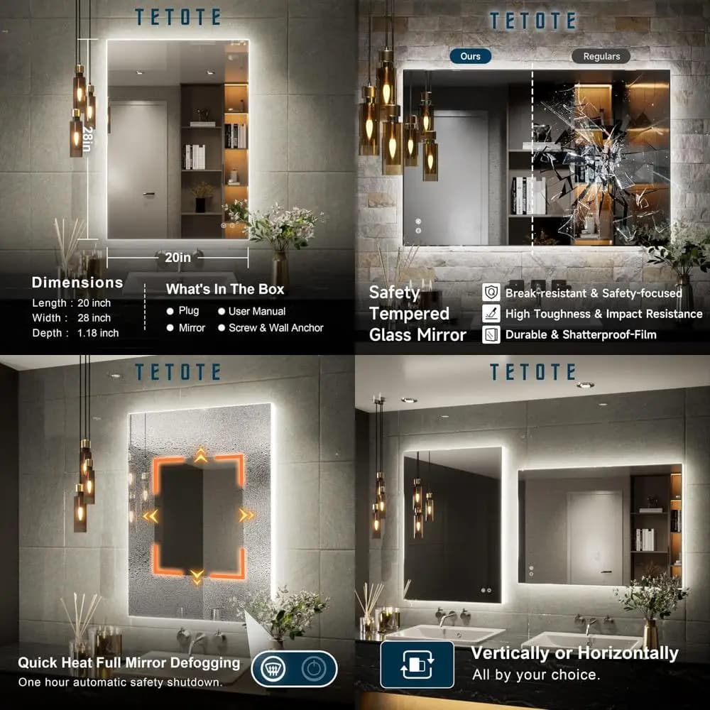 Specchio cosmetico a LED da 20x28 pollici con luce antiappannamento, dimmerabile, design impermeabile e moderno per il bagno