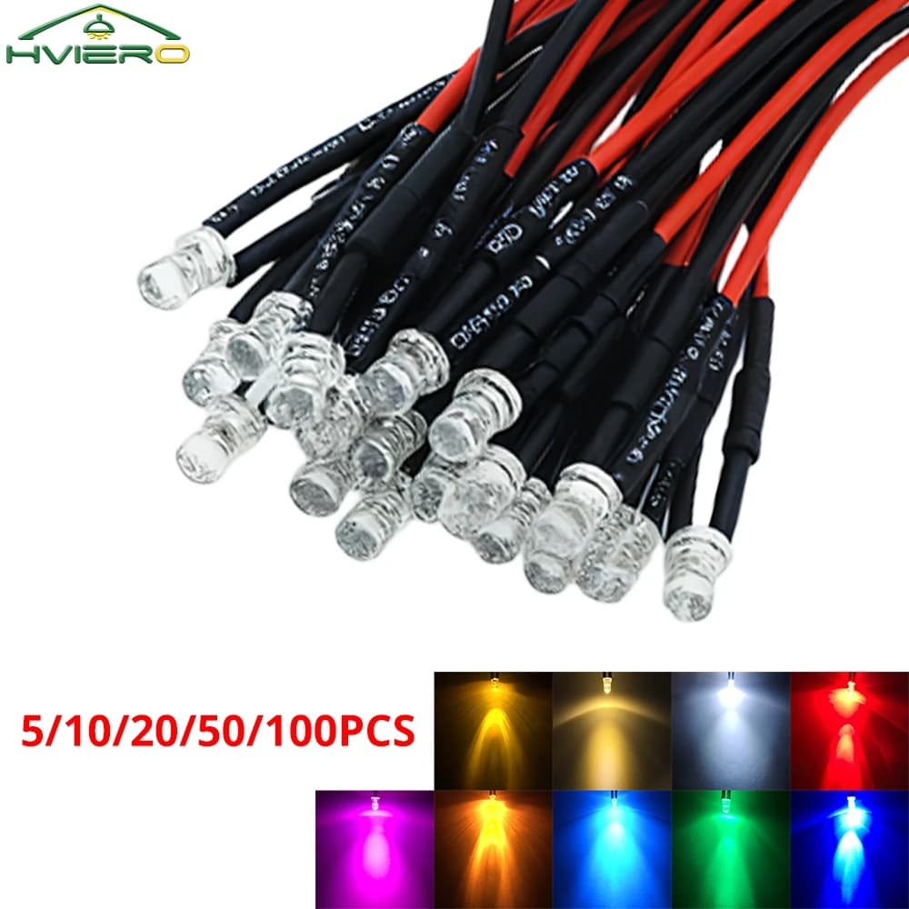 5/10/20/50/100X Cavo Trasparente DC 12V Decorativo 20CM Pre-Wired Acqua Trasparente Luce LED Lampadina Rotonda 3mm Lampada a Diodi Super Luminosi