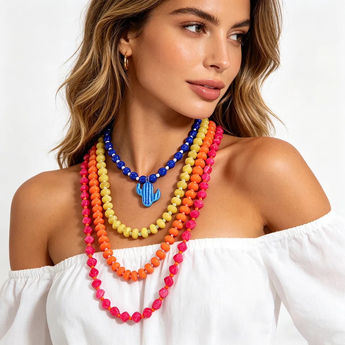 Set di Collane Y2K con Perline in Resina Colorate, Catena in Lega di Zinco Dorata, 3 Pezzi con Ciondolo a Cactus Stratificato, Gioielli per Festival