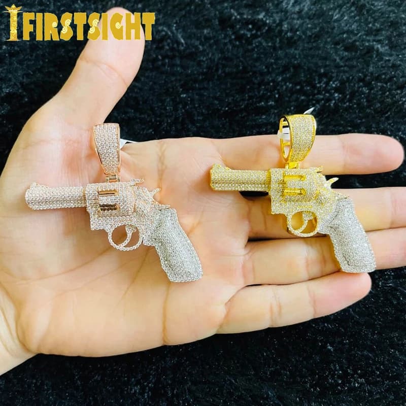 Iced Out Bling Hip Hop CZ Revolver Gun collana con ciondolo Color oro Cubic Zirconia Pistol Charm collane uomo gioielli di moda