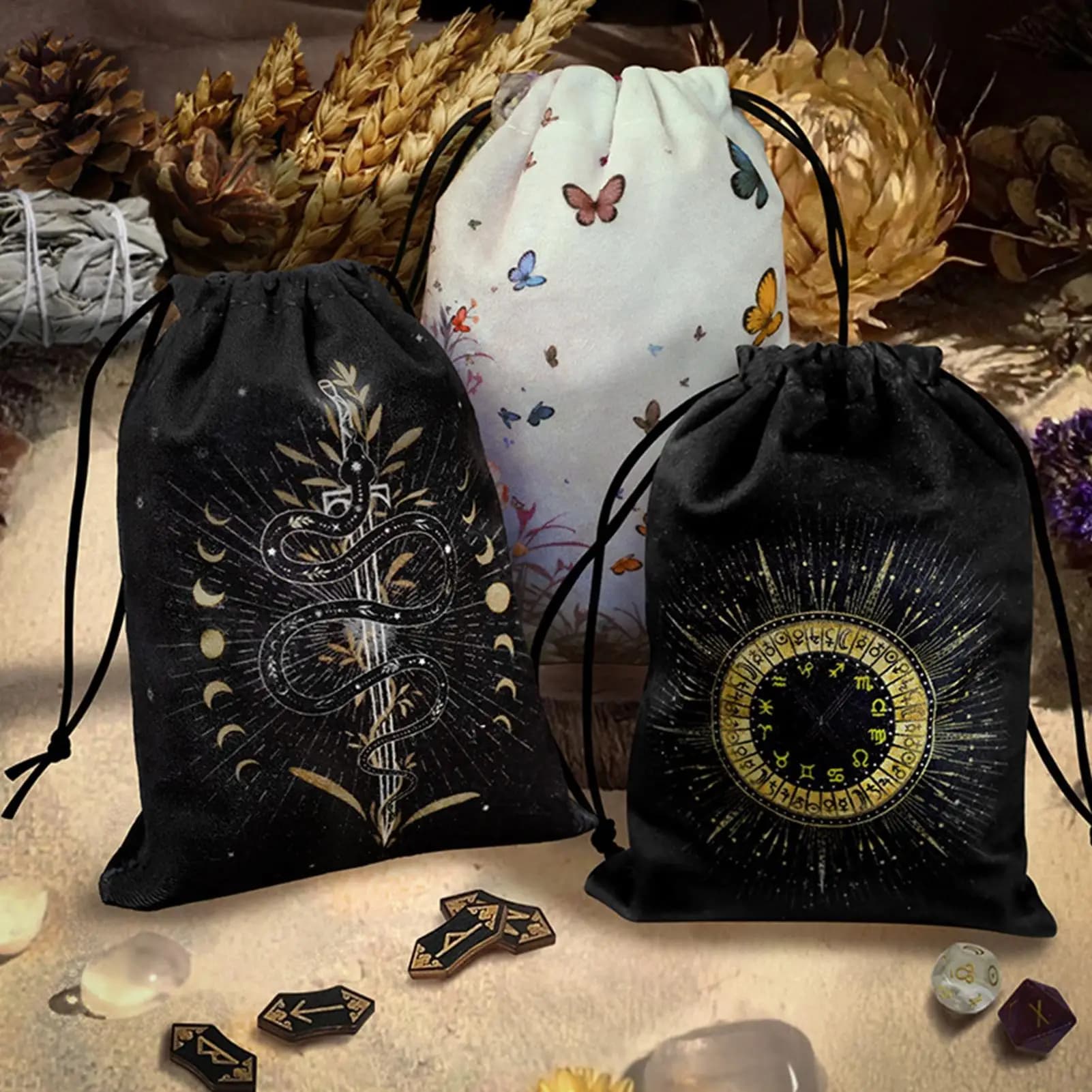Borsa portaoggetti per carte oracolo tarocchi in velluto Custodia per tarocchi stampata Borsa per gioielli in cristallo con dadi runi Custodia per uso multiplo per la conservazione domestica