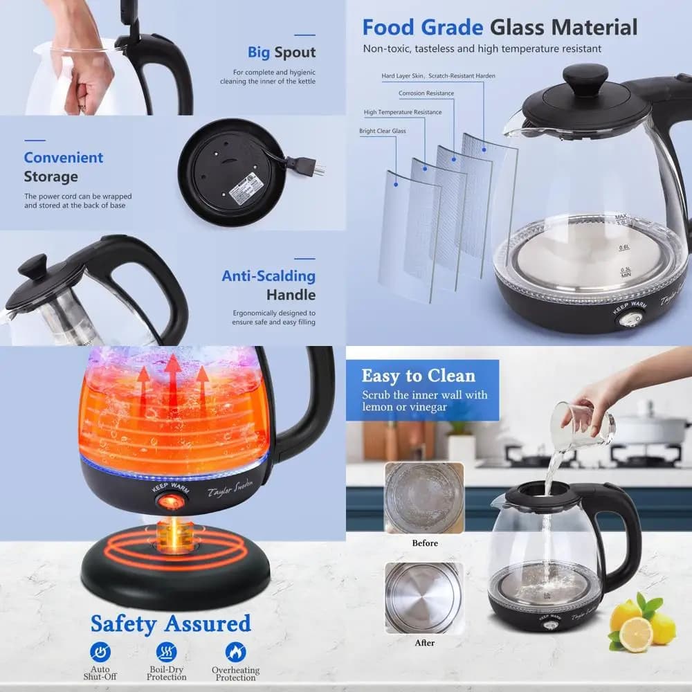 Bollitore elettrico nero da 1 litro con infusore, mantenimento automatico della temperatura, luce LED, protezione contro l'ebollizione a secco, senza BPA