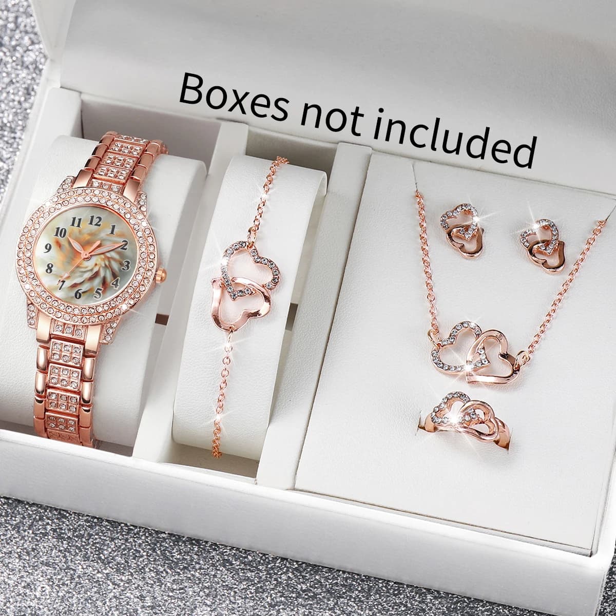 Set di 6 Orologi da Polso di Lusso con Strass per Donna, Set di Gioielli a Forma di Cuore, Orologi al Quarzo in Acciaio Inossidabile con Numeri Arabi (Senza Scatola)