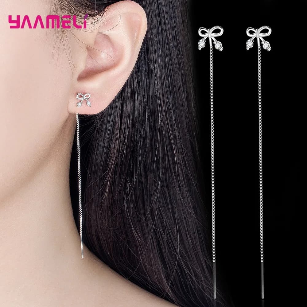 Carino dolce argento sterling 925 bowknot zircone cubico scatola lunga catena filo orecchini per le donne festa di nozze gioielli di moda regali