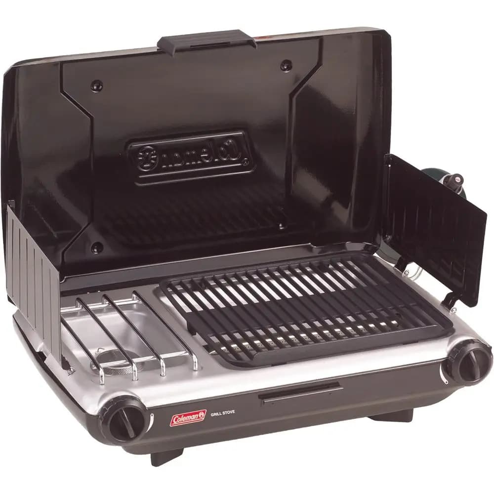 Griglia e Fornello da Campeggio Portatile 2-in-1 a Propano con 2 Bruciatori, Calore Regolabile, Potenza 20.000 BTU