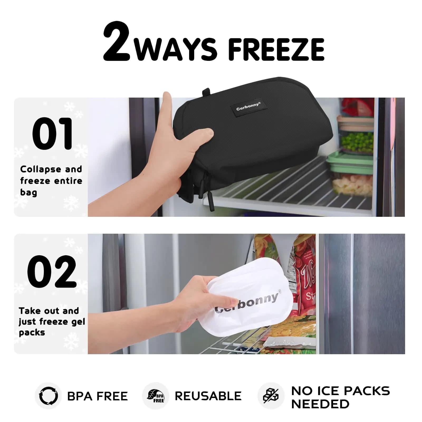 Borse Termiche Nere Riutilizzabili per Pranzo, Borsa Snack Congelabile con Pacco Ghiaccio Rimovibile Integrato, Borsa Frigo Estiva Congelabile con Tasca per Ghiaccio