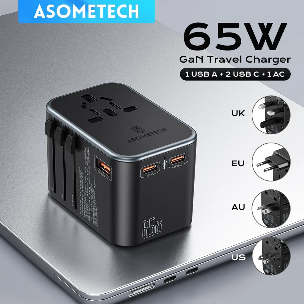 Adattatore da viaggio universale GaN da 65w PD All in One adattatore da viaggio in tutto il mondo caricatore da muro adattatore per spina di alimentazione ca per USA EU AUS UK