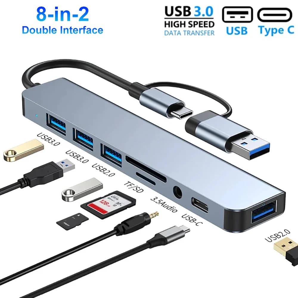 7/8Port USB C Hub Expander Multiport Adapter TypeC Splitter Dock USB3.0 Port for Xiaomi Phone Tablet Fast Data Transfer Charging