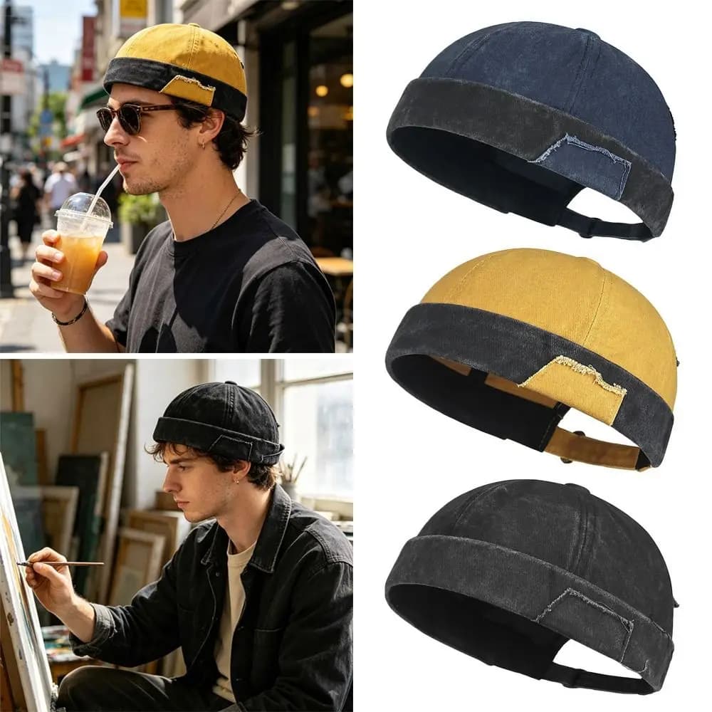 Fashion Hip Hop Beanie Street Hat Washed Denim Cotton Skullcap Solid Color Adjustable Brimless Docker Cap Outdoor