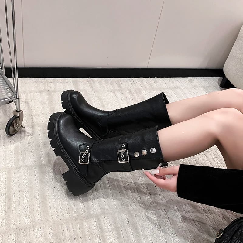 Metal Belt Buckle Mid-calf Women's Thick-soled New Style Chunky Heel Heightening Versatile Long Boots