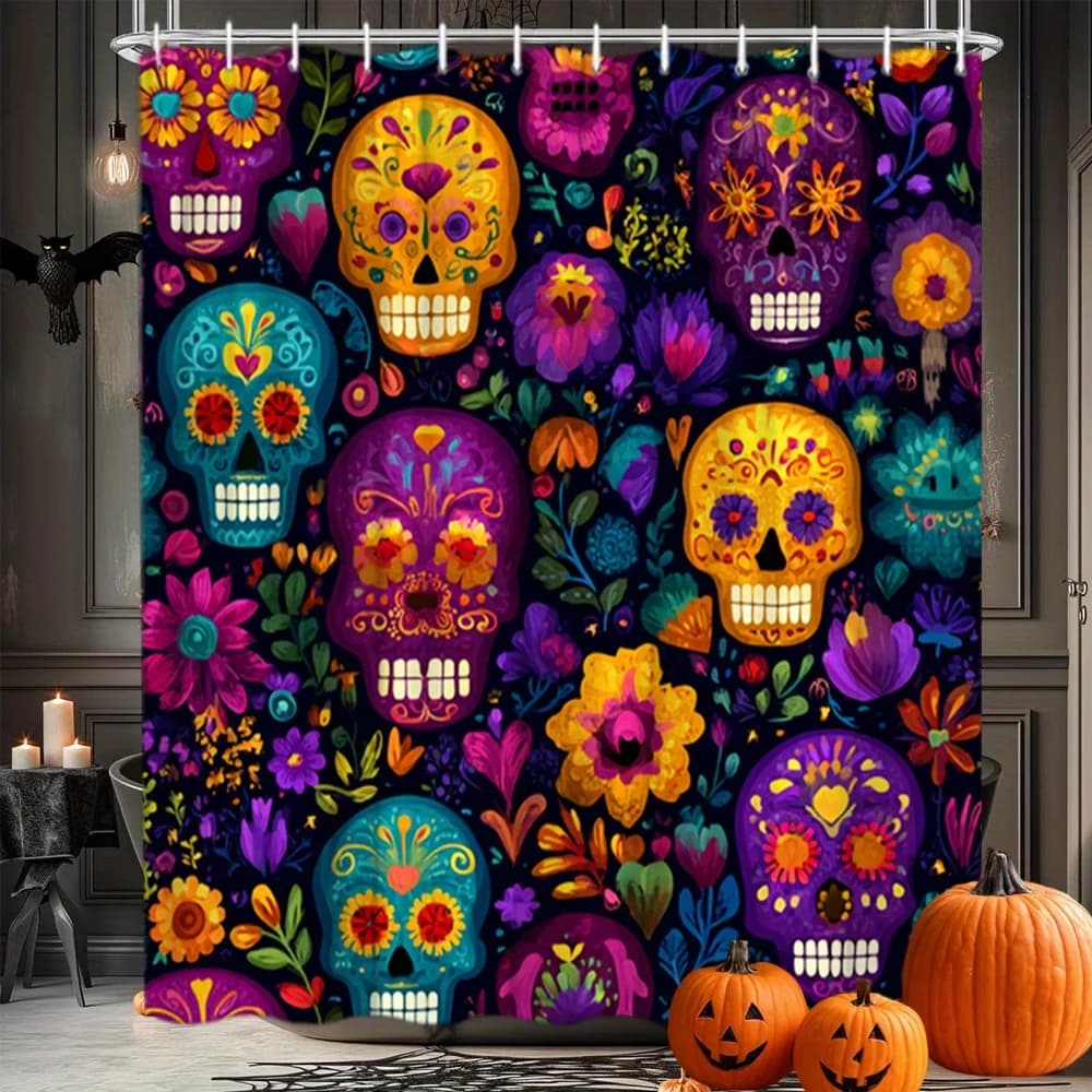 Tenda da doccia Vibrant Day of the Dead: teschio di zucchero e design floreale, tessuto in poliestere