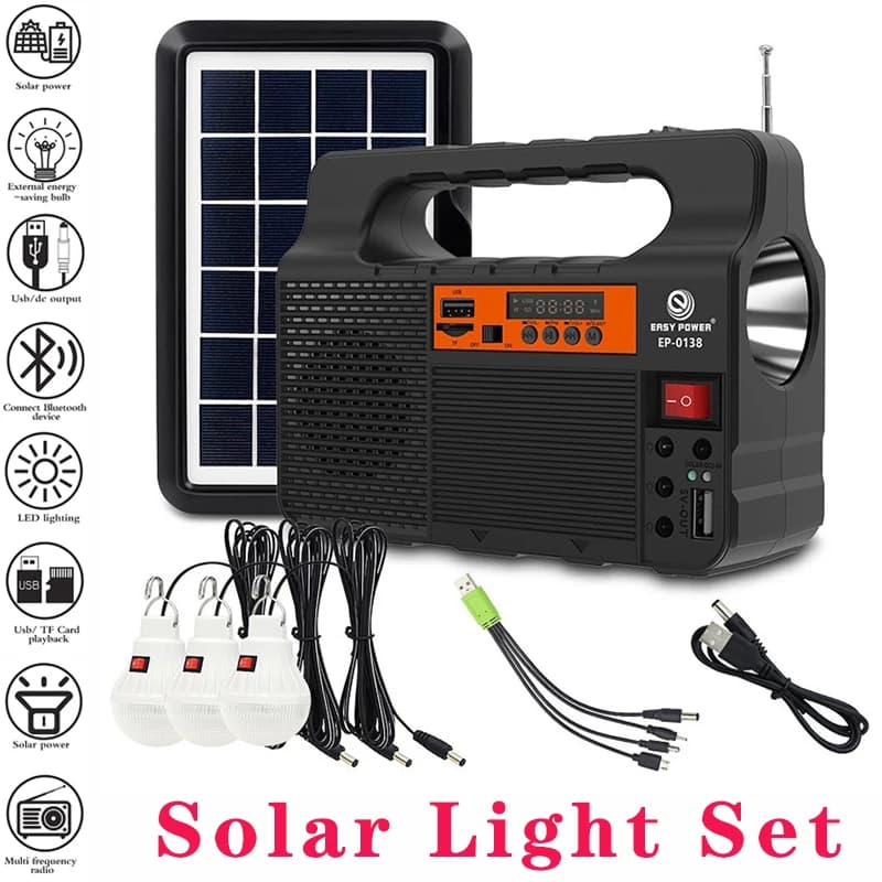 Solar Panel with 3pcs LED Bulb Highlight Power Generator Kit Energy Saving Solars Lighting with FM Radio for Outdoor Camping